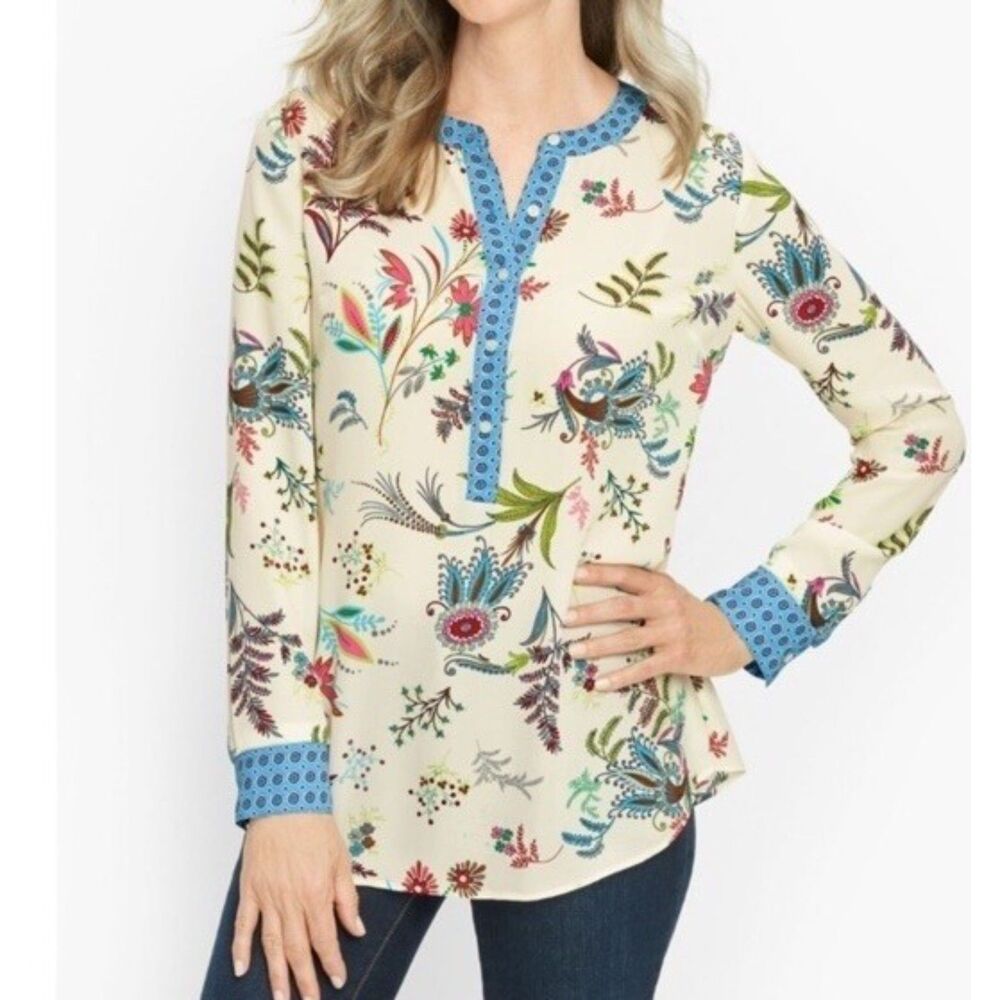 Talbots Medium M Dancing Floral Band Collar Popover Shirt Paisley